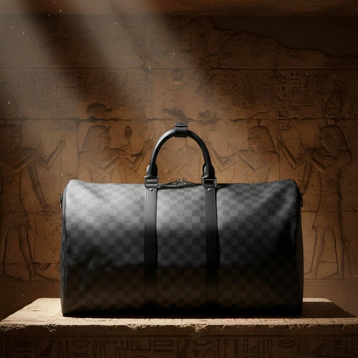 Checkered leather duffle bag